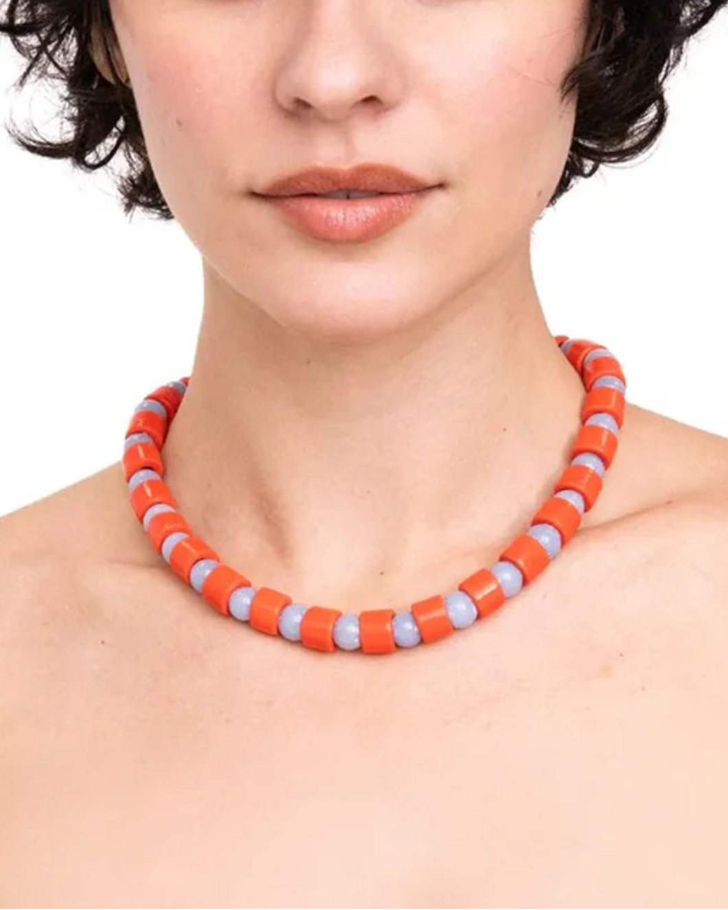 HER NEW TRIBELobster & Blue Lace Agate Sundry Bead One Necklace on figure front
