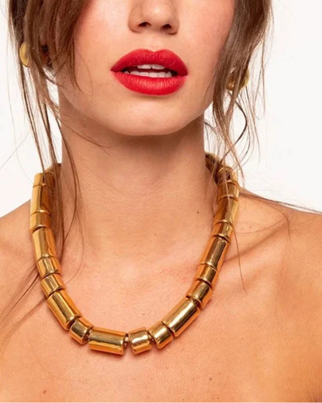 HER NEW TRIBE Karat Sundry Bead Two & Five Necklace on figure front 1