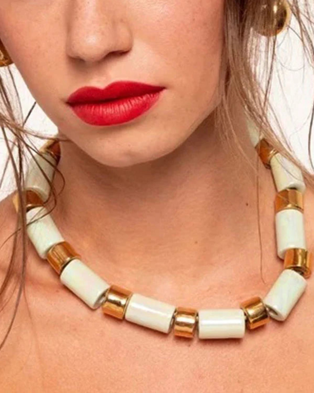 HER NEW TRIBE Marcha & Karat Sundry Bead Two & Five Necklace on figure front