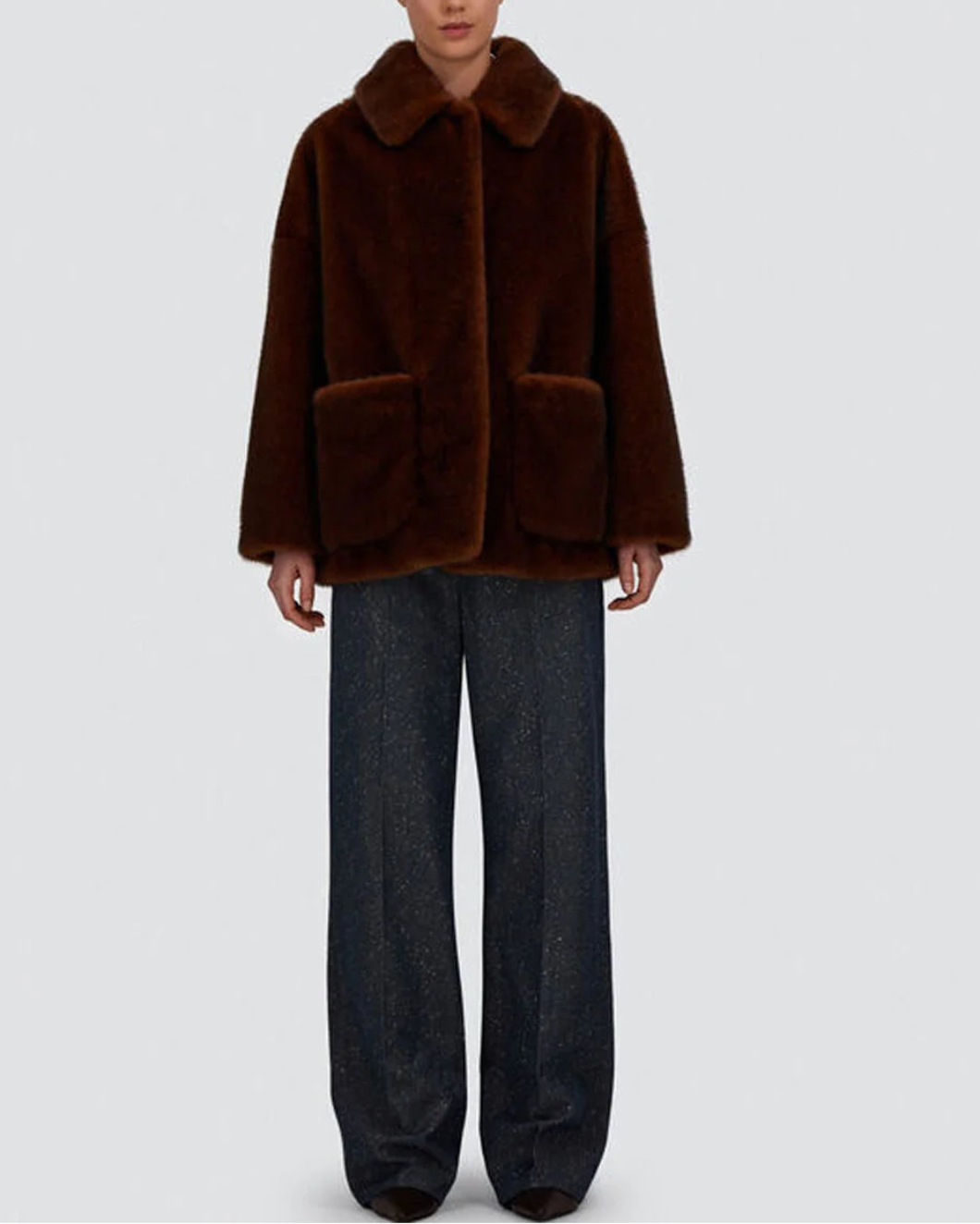 HERNO Melange Alternative Mink Jacket w/ Front Pockets on figure front