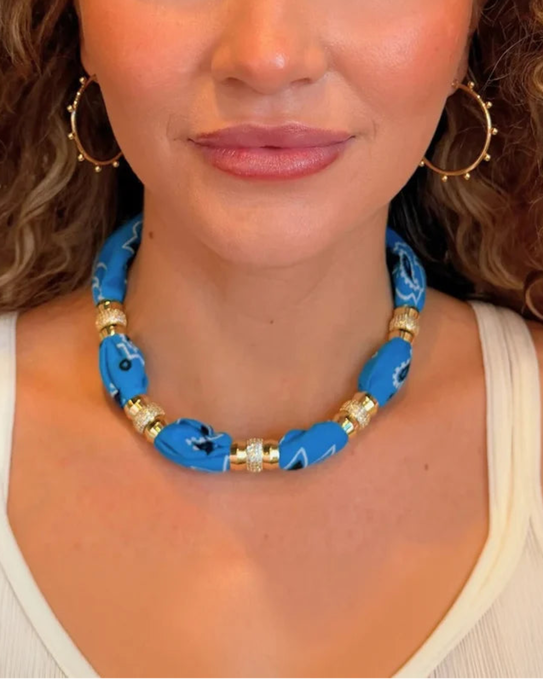 HOLST ND LEE Warm weather bandana necklace teal on figure front