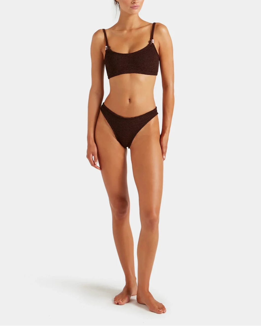 HUNZA G Cassie Beaded Bikini Metallic Chocolate on figure front