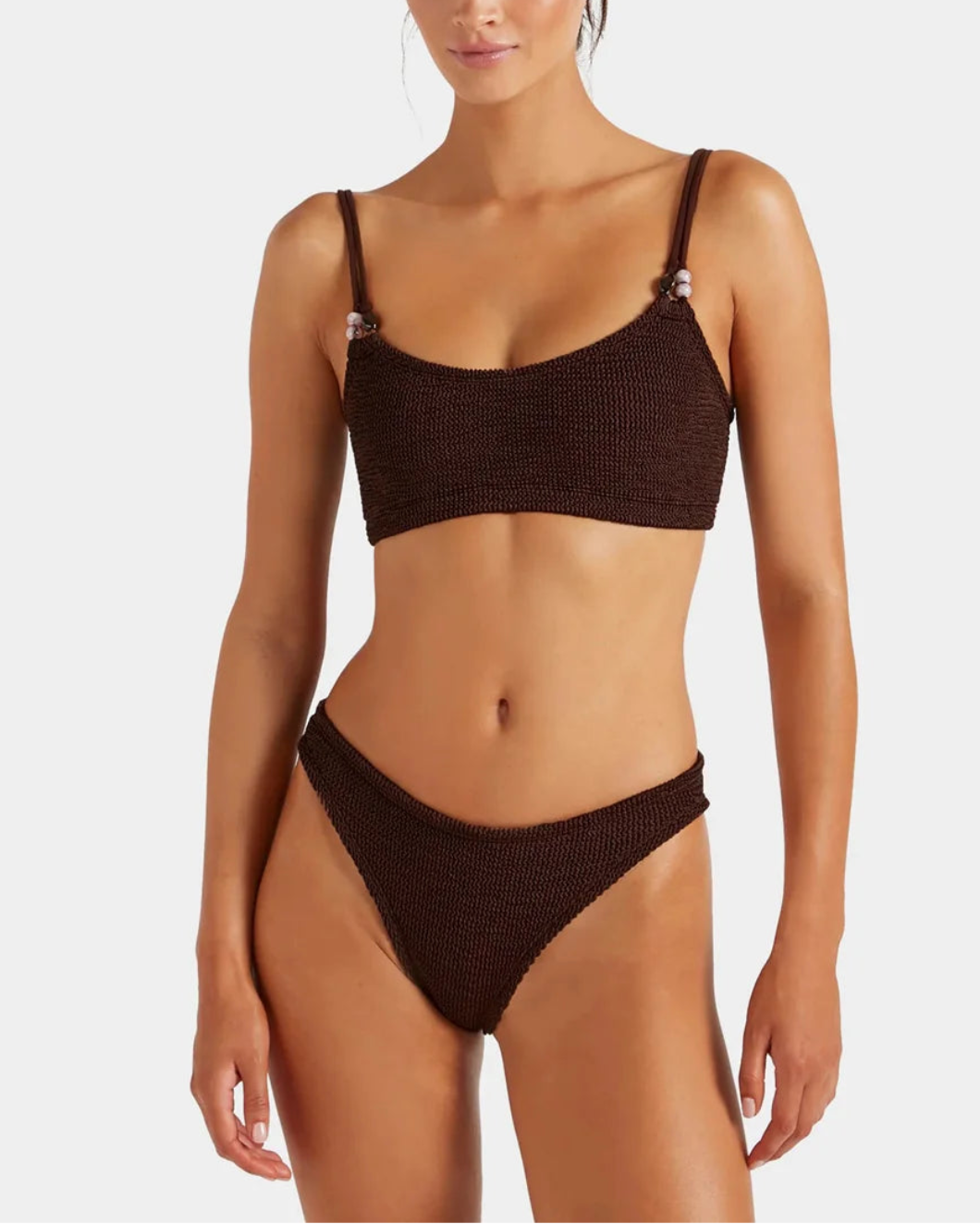 HUNZA G Cassie Beaded Bikini Metallic Chocolate on figure front 1