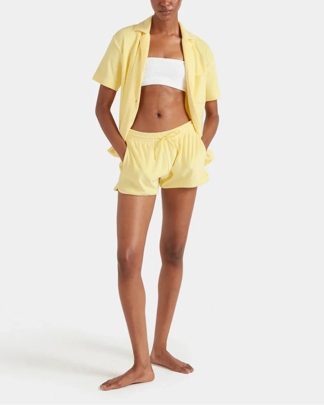 HUNZA G Terry Towelling Cuban Shirt Butter on figure front 2