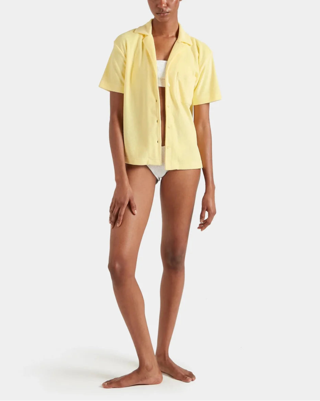 HUNZA G Terry Towelling Cuban Shirt Butter on figure front 1