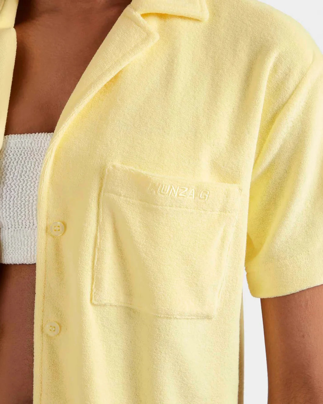 HUNZA G Terry Towelling Cuban Shirt Butter on figure front detail