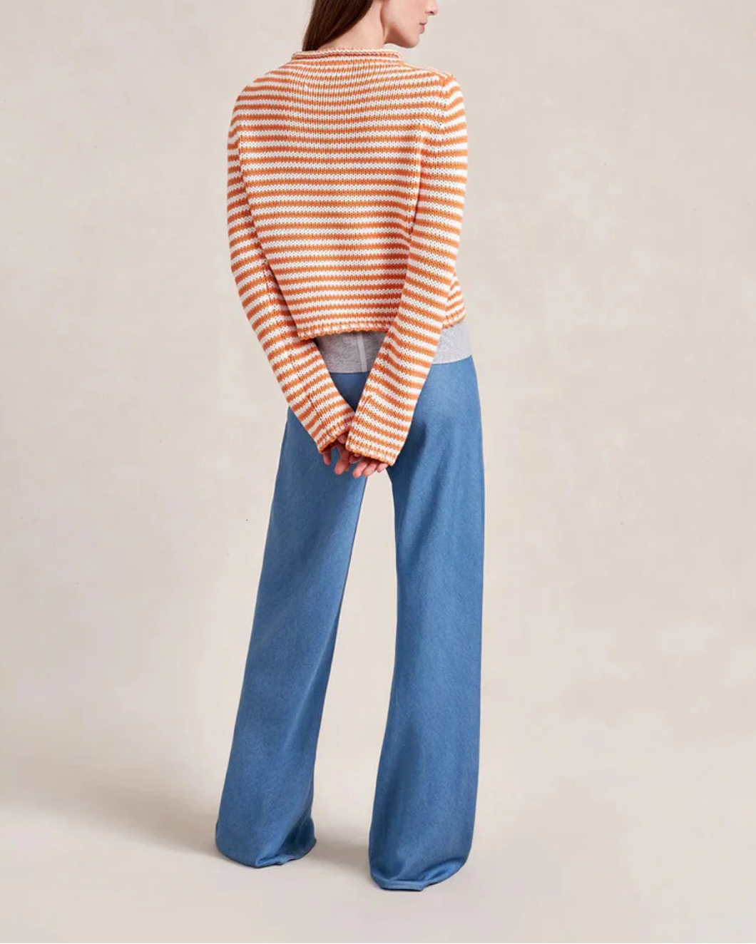 LA LIGNE Fine Stripe Mini Marina Sweater Apricot on figure back 1