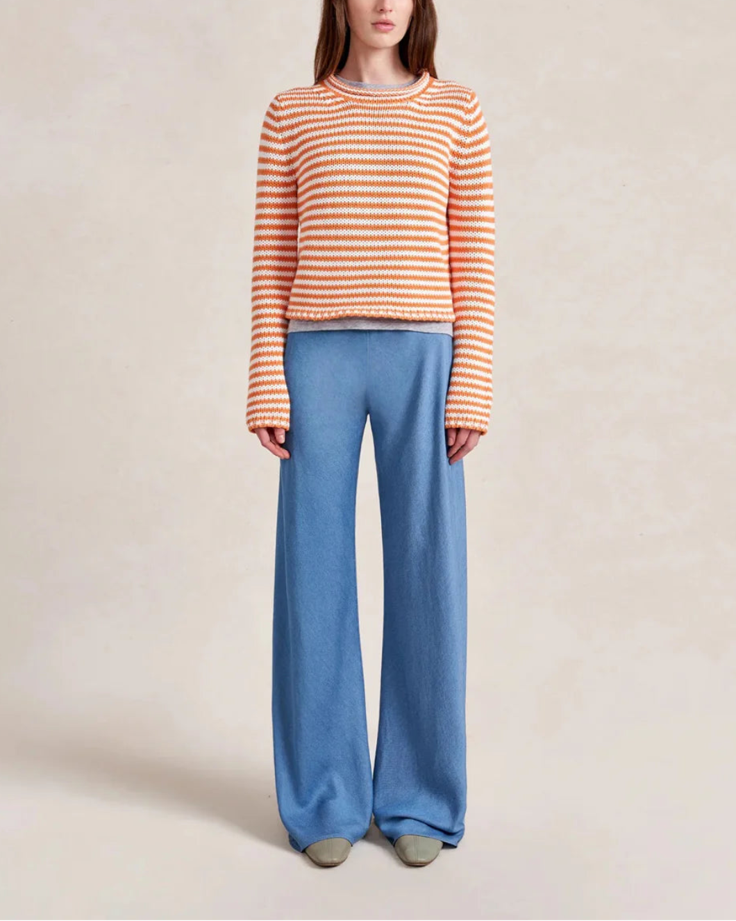 LA LIGNE Fine Stripe Mini Marina Sweater Apricot on figure front