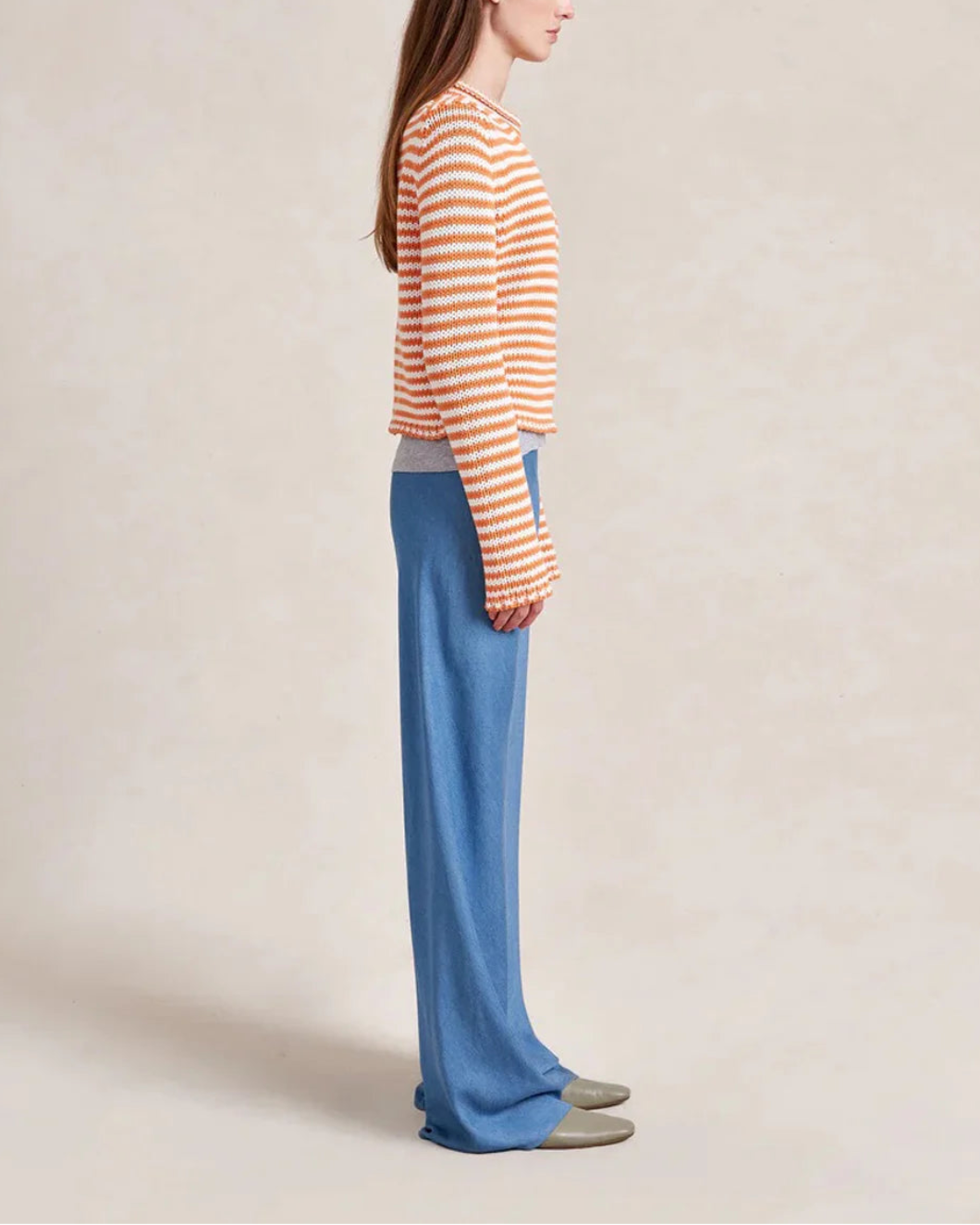LA LIGNE Fine Stripe Mini Marina Sweater Apricot on figure side