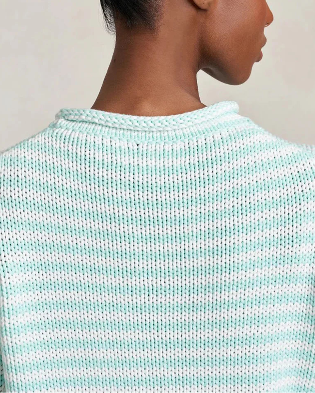 LA LIGNE Fine Stripe Mini Marina Sweater Aqua/Ivory on figure back detail
