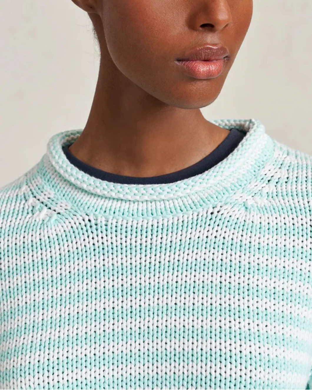 LA LIGNE Fine Stripe Mini Marina Sweater Aqua/Ivory on figure front detail