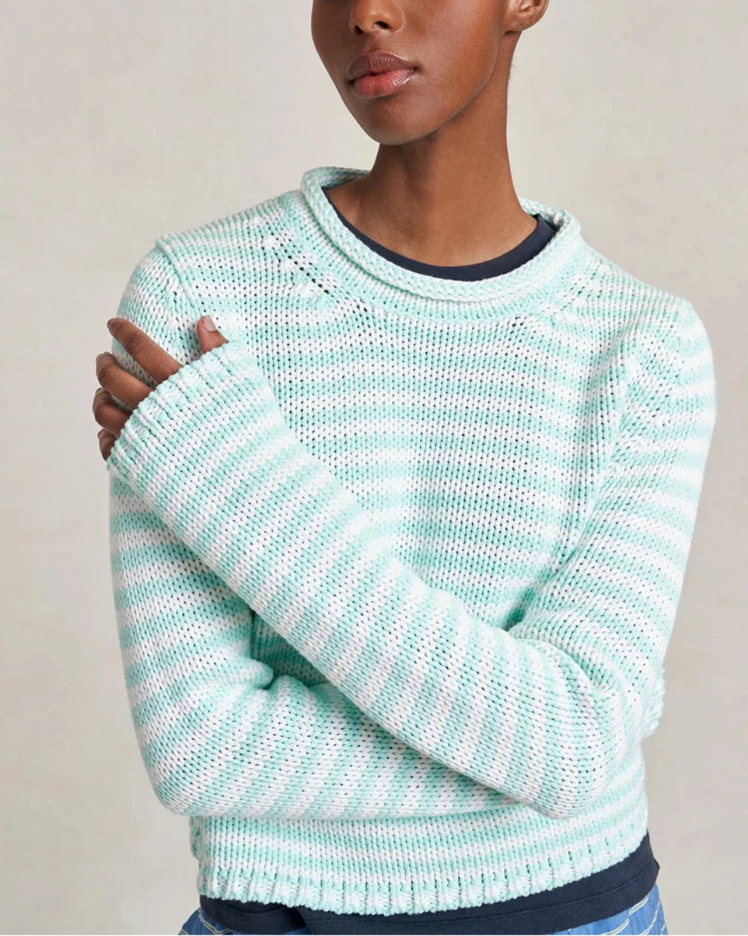 LA LIGNE Fine Stripe Mini Marina Sweater Aqua/Ivory on figure front