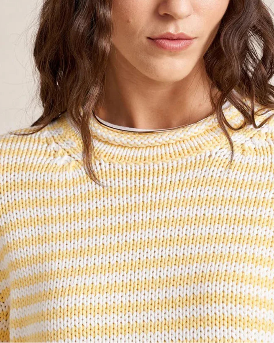 LA LIGNE Fine Stripe Mini Marina Sweater Sunshine on figure front detail