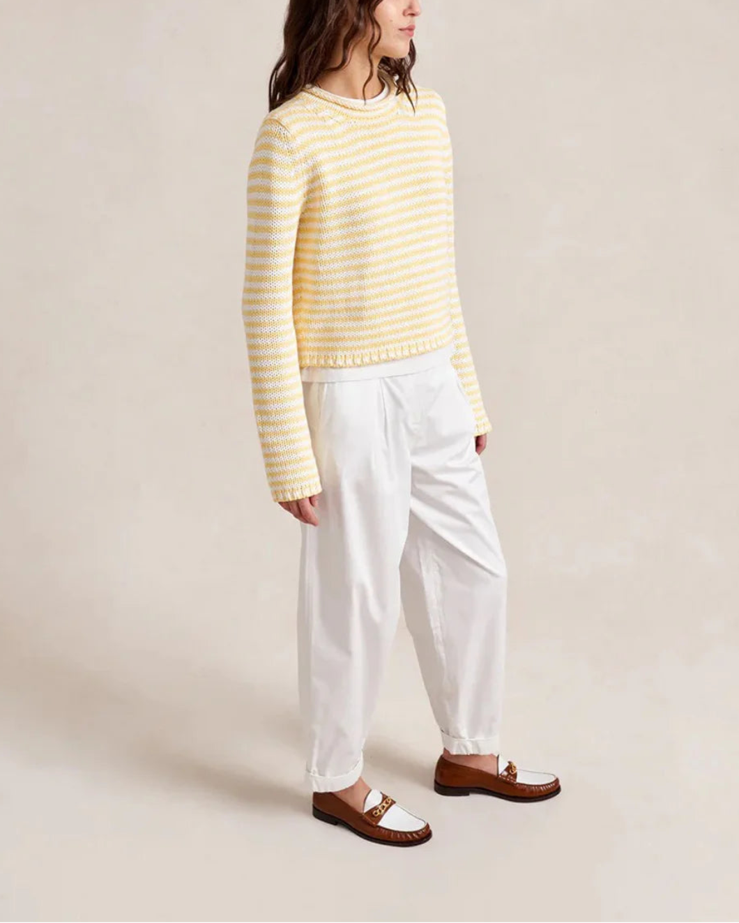 LA LIGNE Fine Stripe Mini Marina Sweater Sunshine on figure side