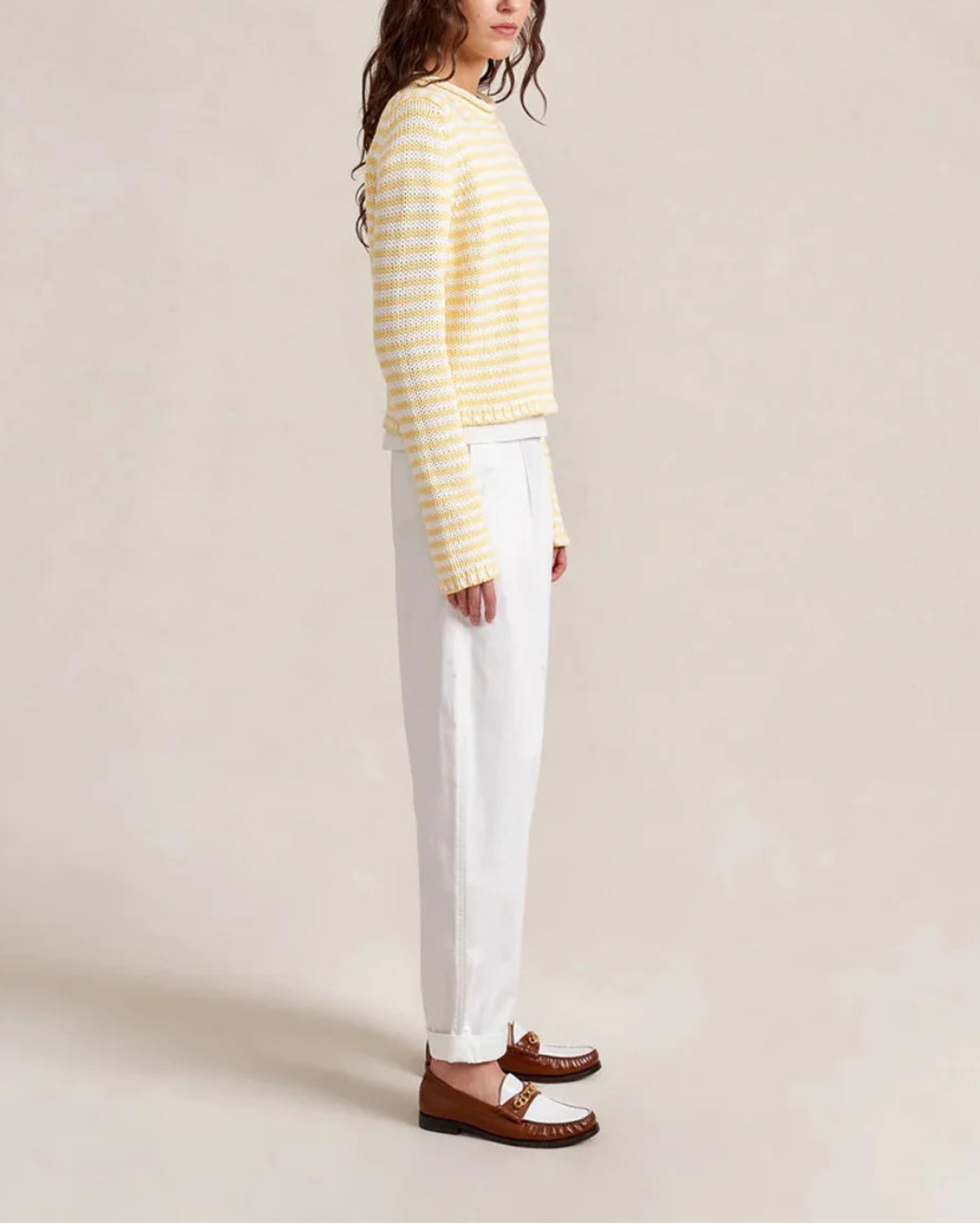 LA LIGNE Fine Stripe Mini Marina Sweater Sunshine on figure side