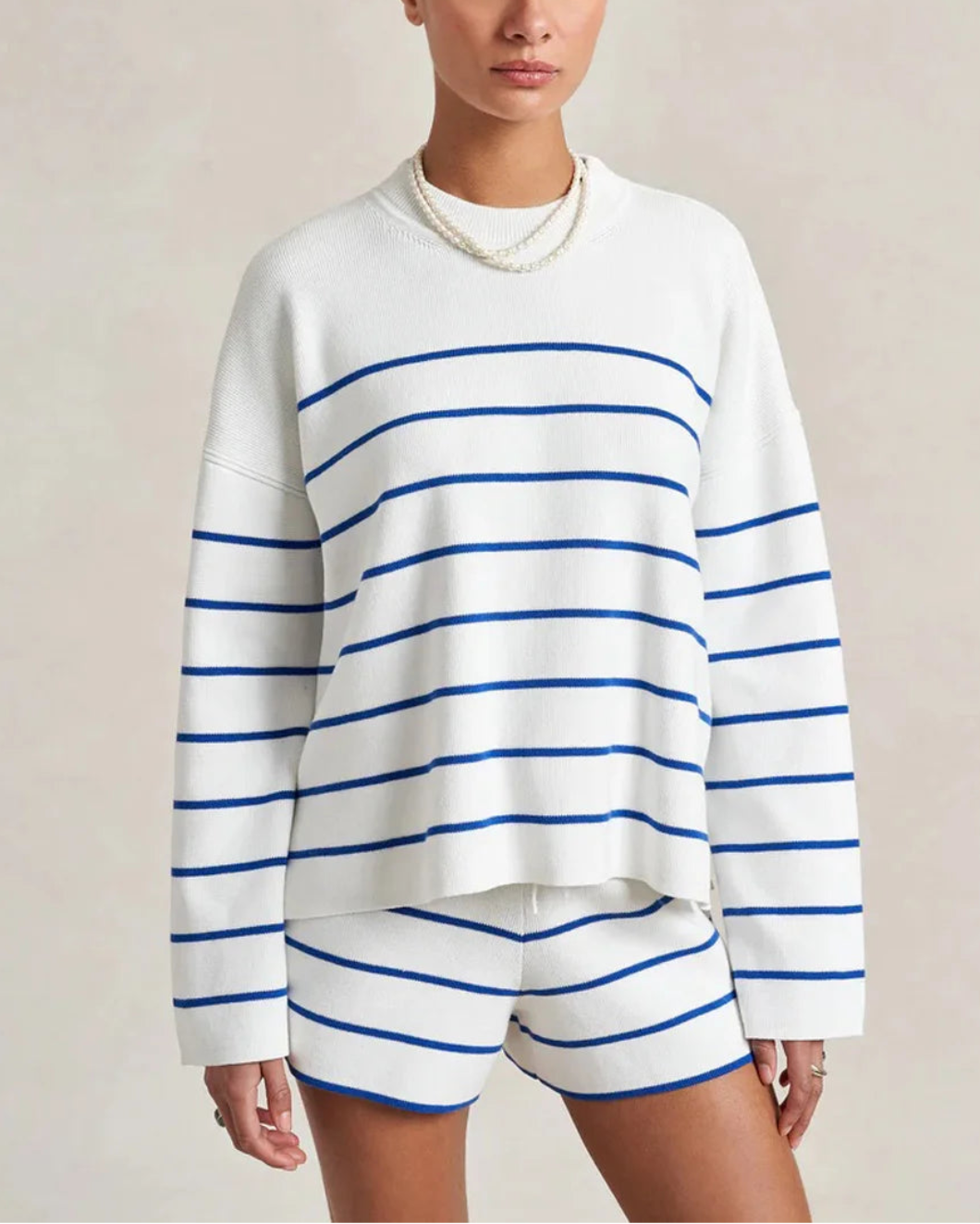 LA LIGNE Leo Sweater Cream/Cobalt on figure front 3