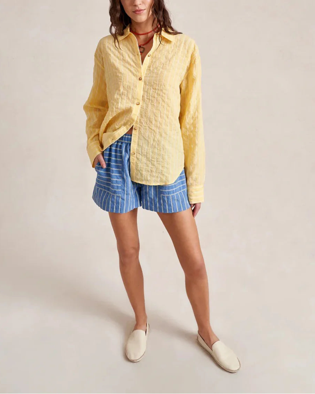 LA LIGNE Tangier Short Chambray stripe on figure front