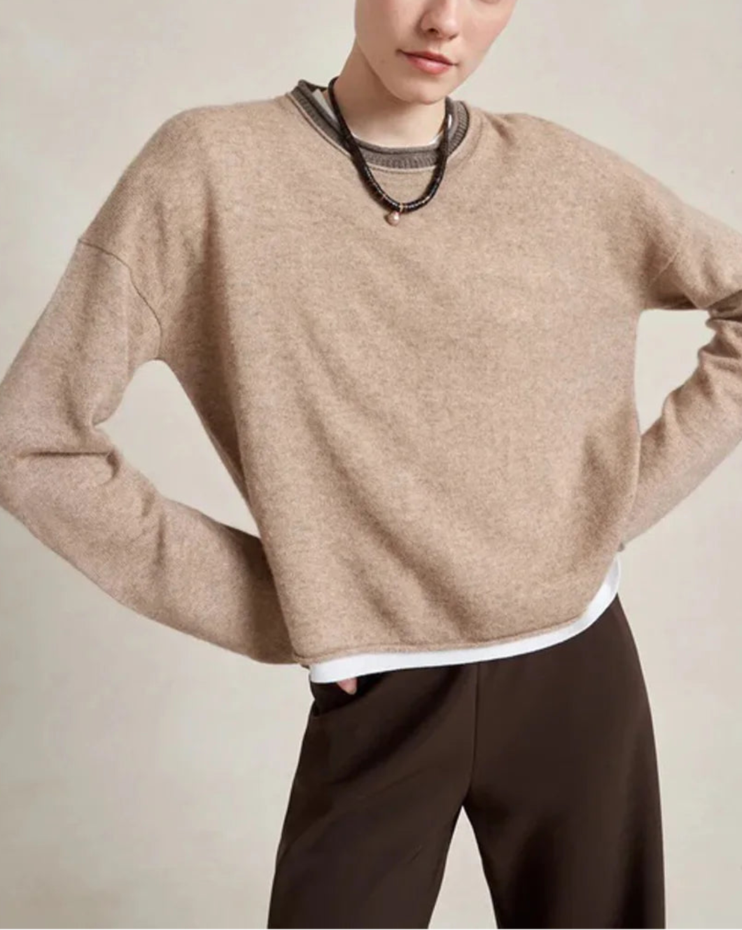 LA LIGNE dominic sweater in tan /dark tan on figure