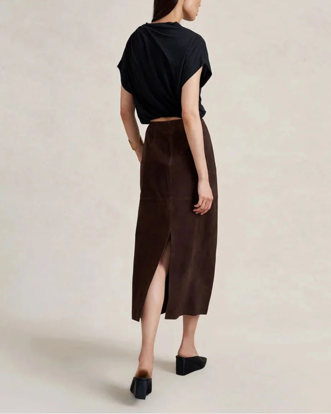 LA LIGNE Suede Vega Skirt chocolate on figure back