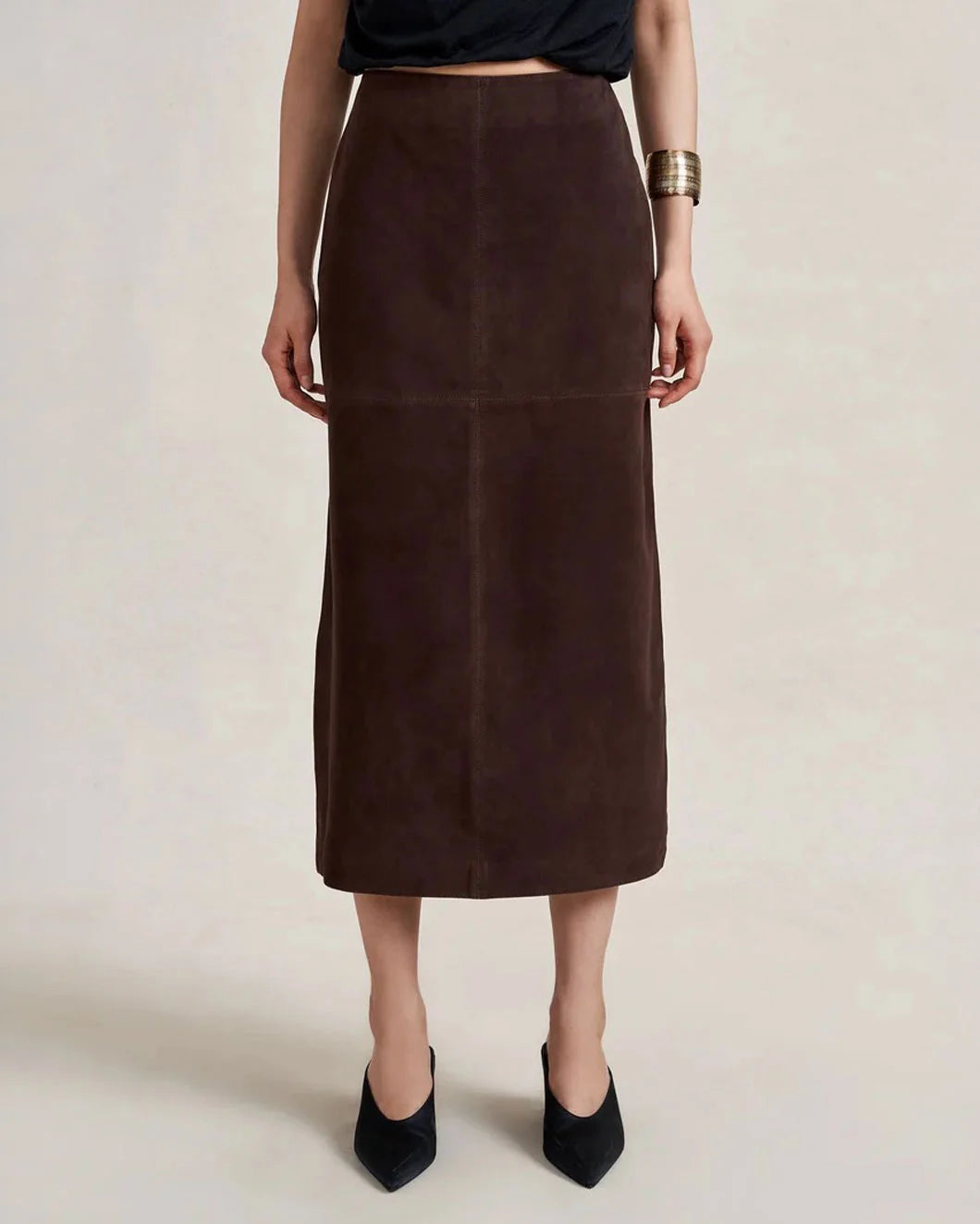 LA LIGNE Suede Vega Skirt chocolate on figure front 2