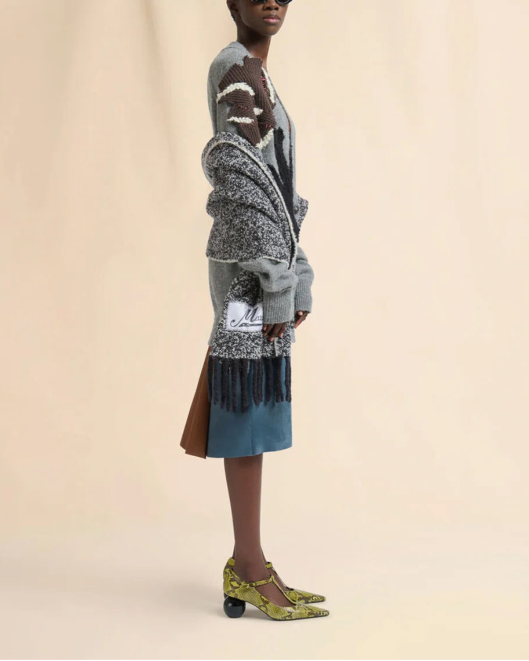 MARNI alpaca wool cardigan flower patch gray on figure side