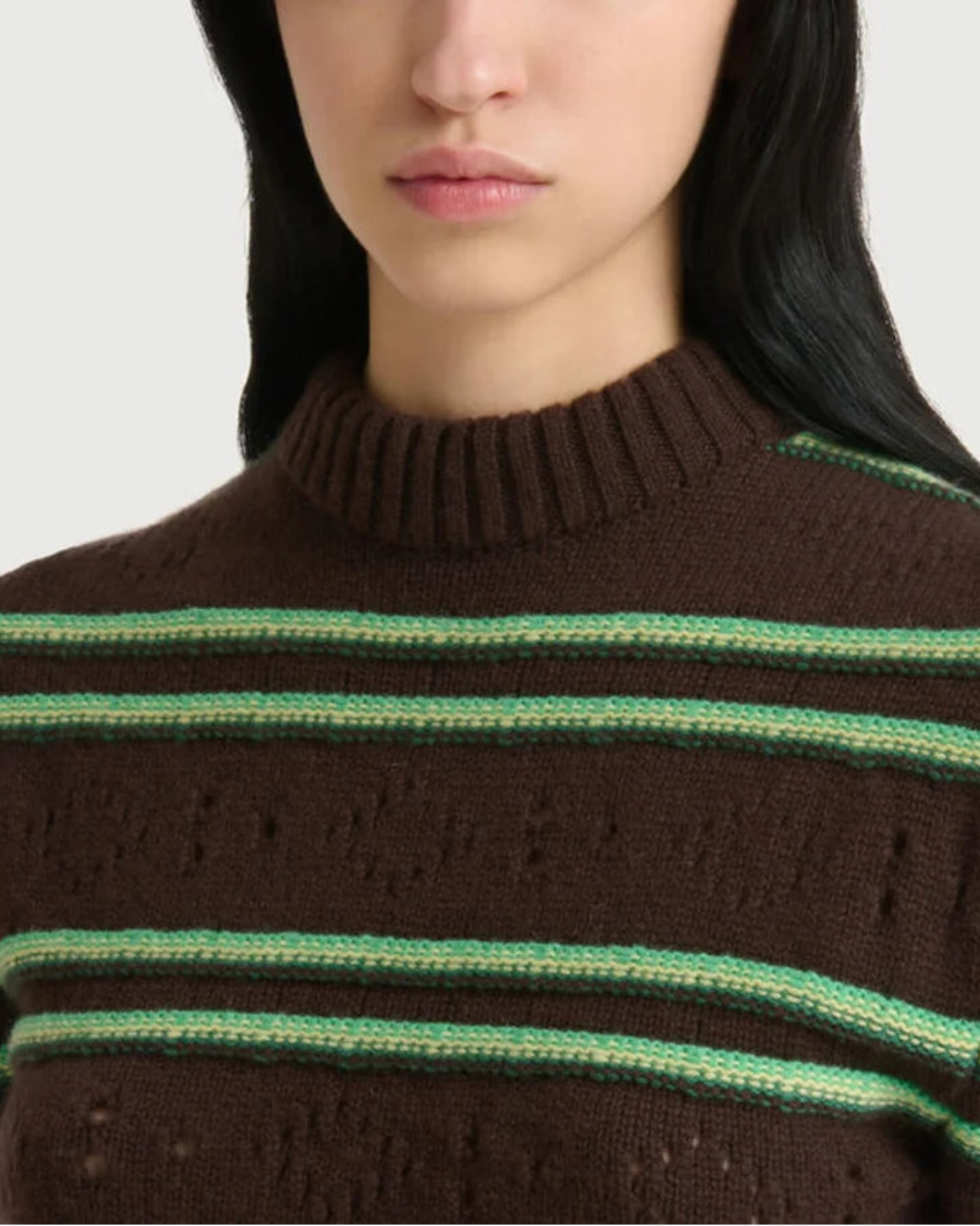 MARNI cashmere stripe roundneck sweater brown on figure detail