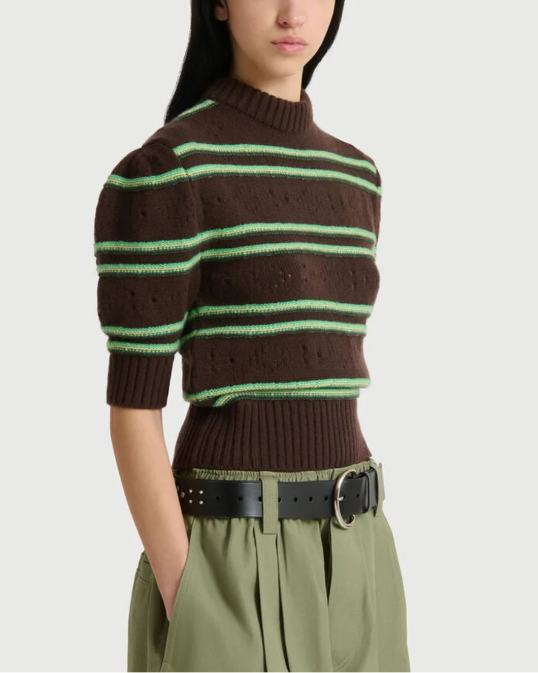 MARNI cashmere stripe roundneck sweater brown on figure side