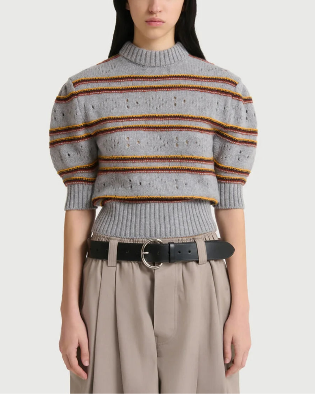 MARNI cashmere stripe roundneck sweater gray on figure front