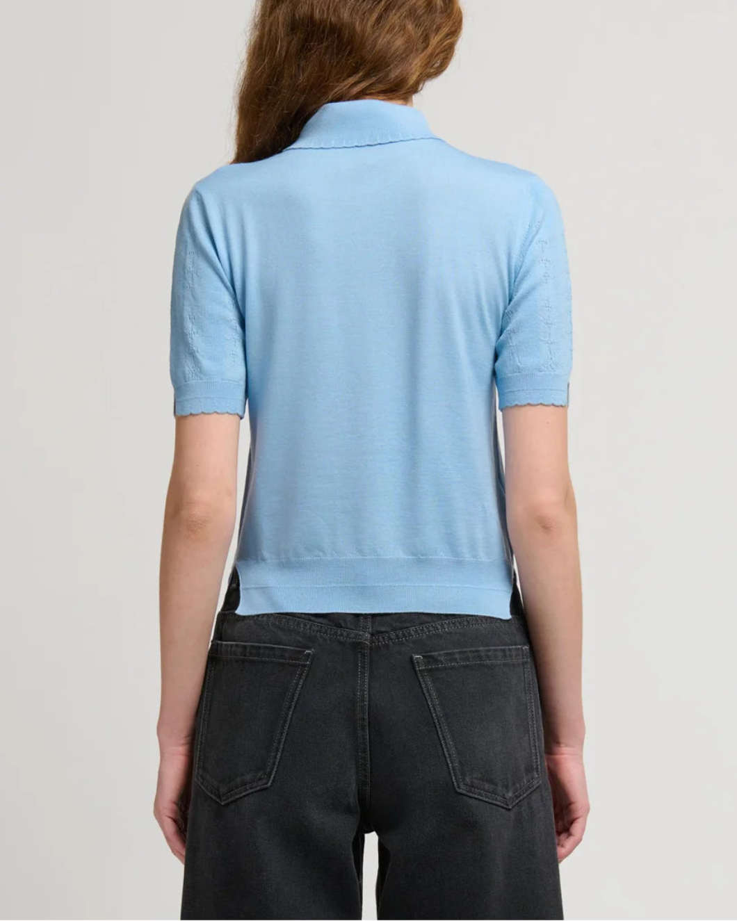 MARNI pointelle short sleeve polo blue on figure back