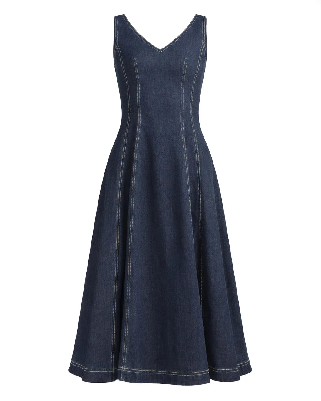 MARNI stretch denim midi balloon dress dark wash front isolated