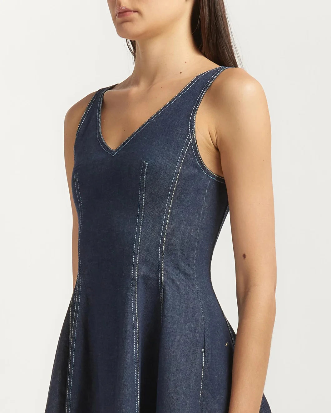 MARNI stretch denim midi balloon dress dark wash on figure side