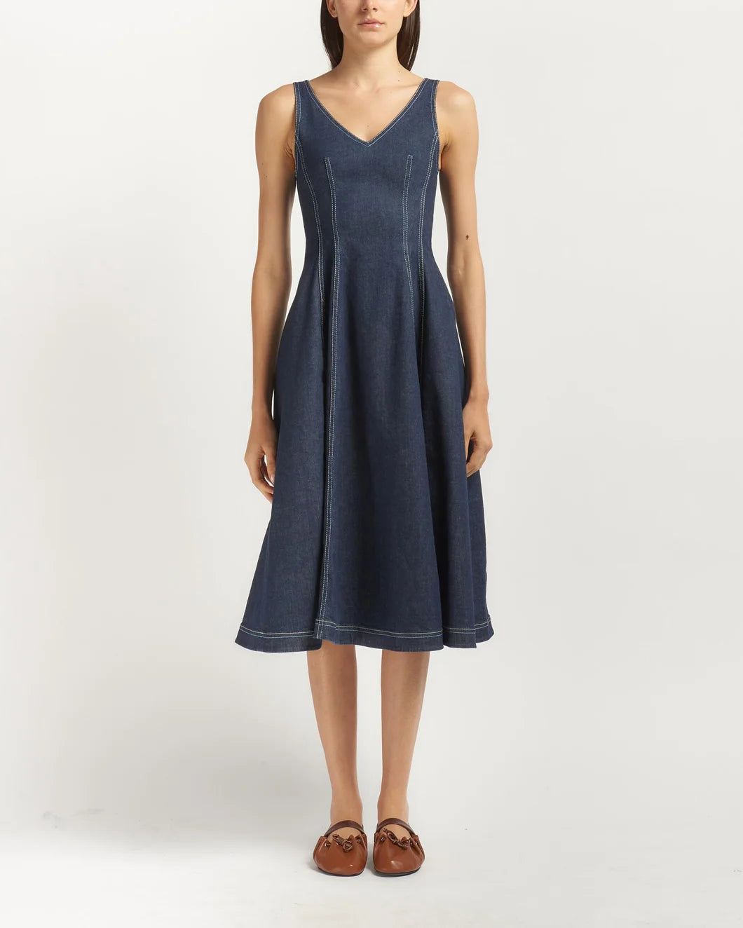 MARNI stretch denim midi balloon dress dark wash on figure front