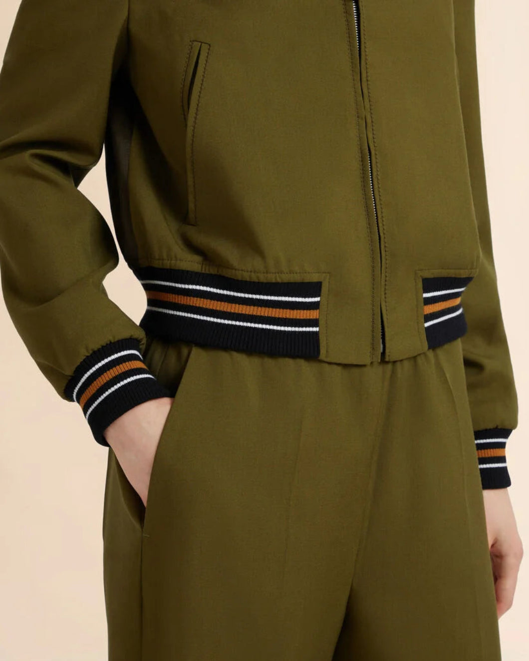 MARNI Green Tropical Wool Bomber Jacket Dusty Olive On Fig Front Detail