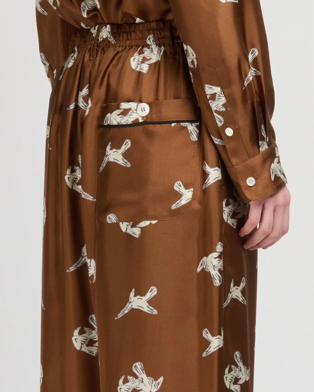 Marni raven print wide leg trousers brown on figure detail