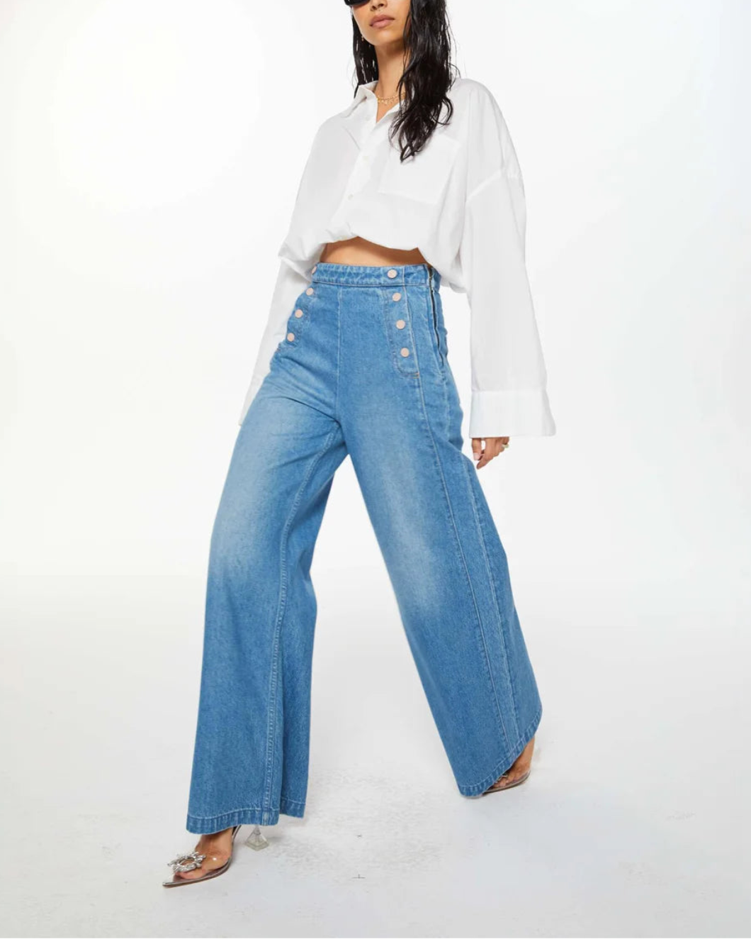 MOTHER The Sugar Cone Sailor sneak blue jeans on figure side