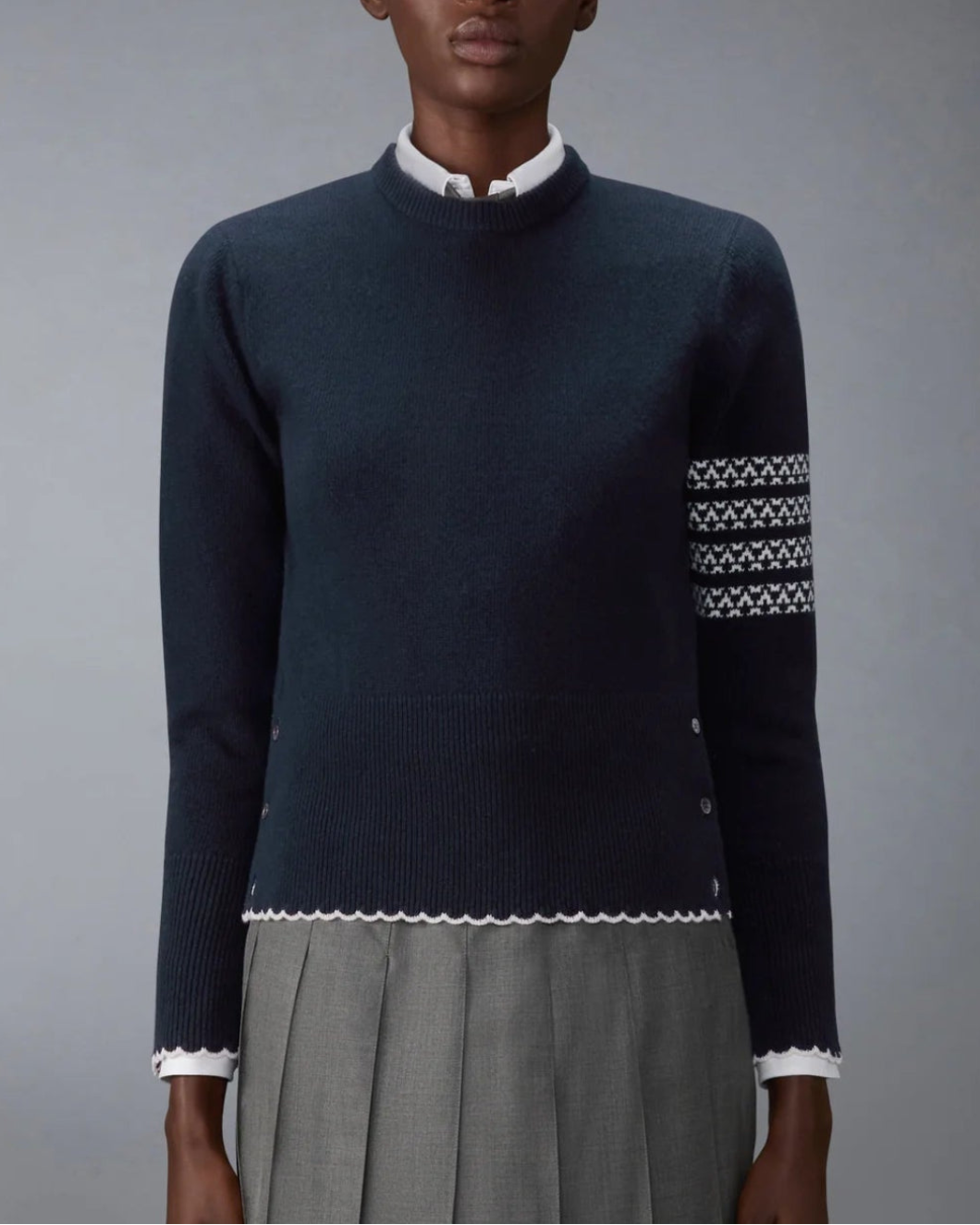THOM BROWNE Merino Wool Holiday Hector Pullover Navy On Fig Front