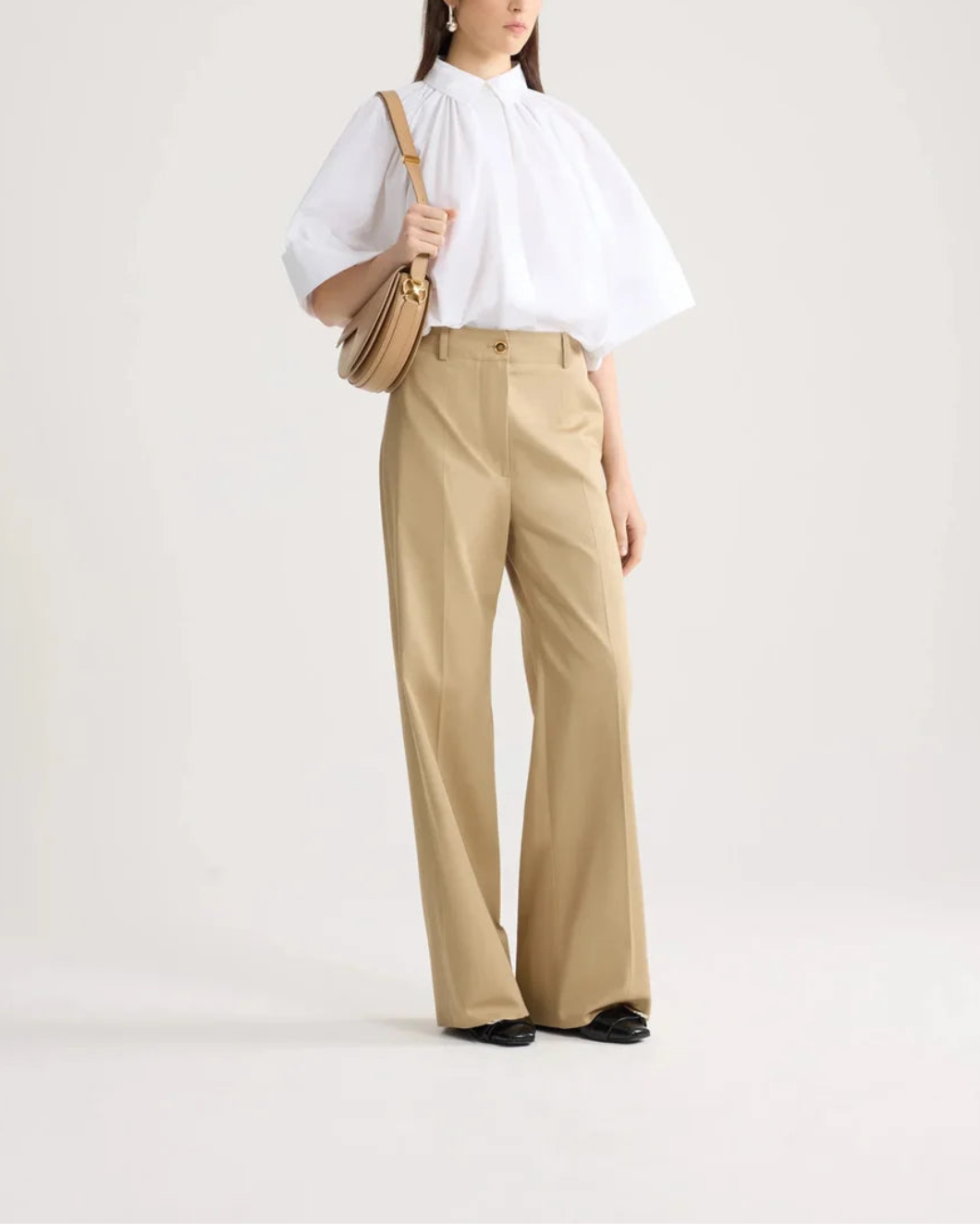 PATOU Organic Cotton Voluminous Short-Sleeved Blouse white on figure front