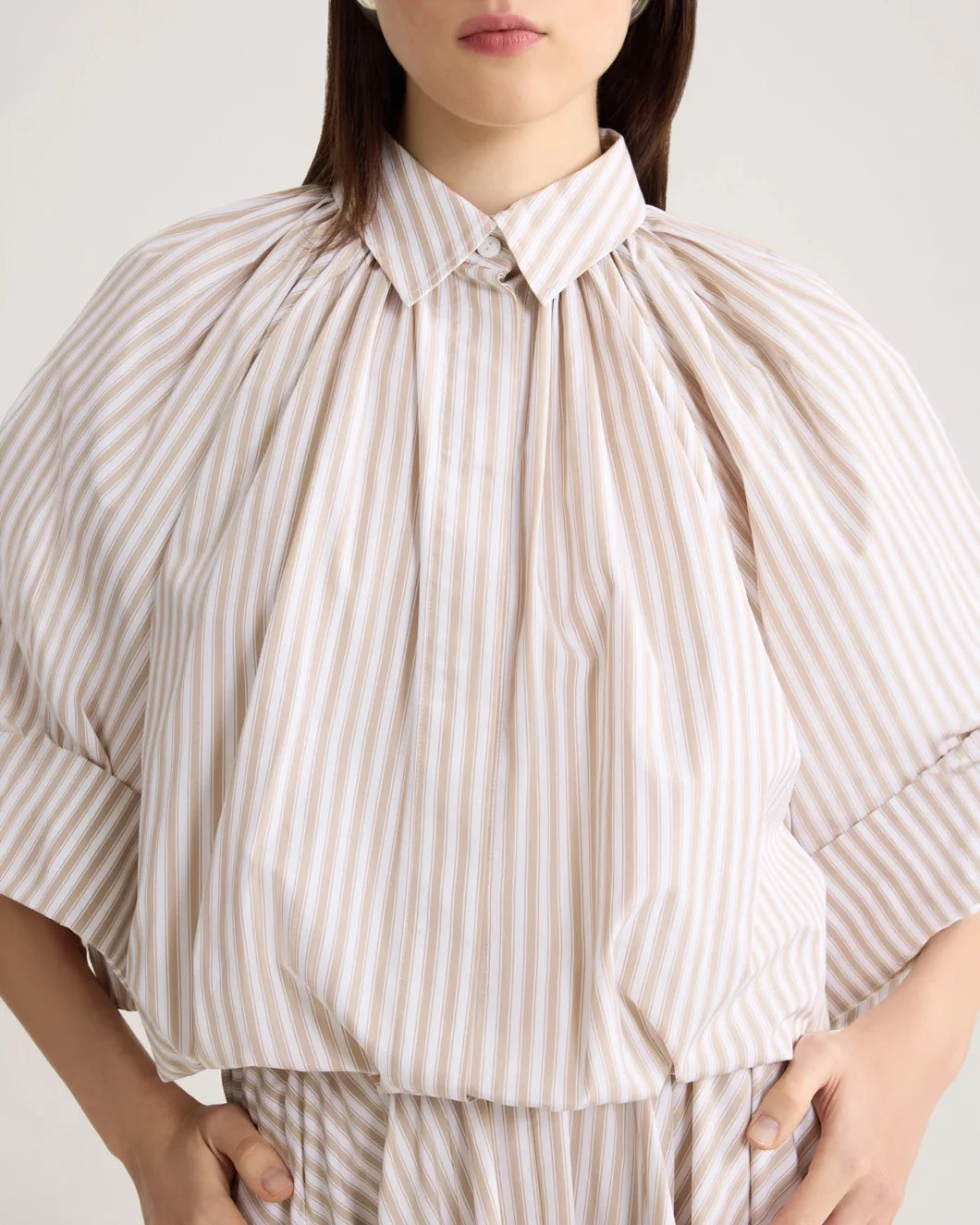 PATOU Organic Cotton Voluminous Short-Sleeved Striped Blouse on figure front 2
