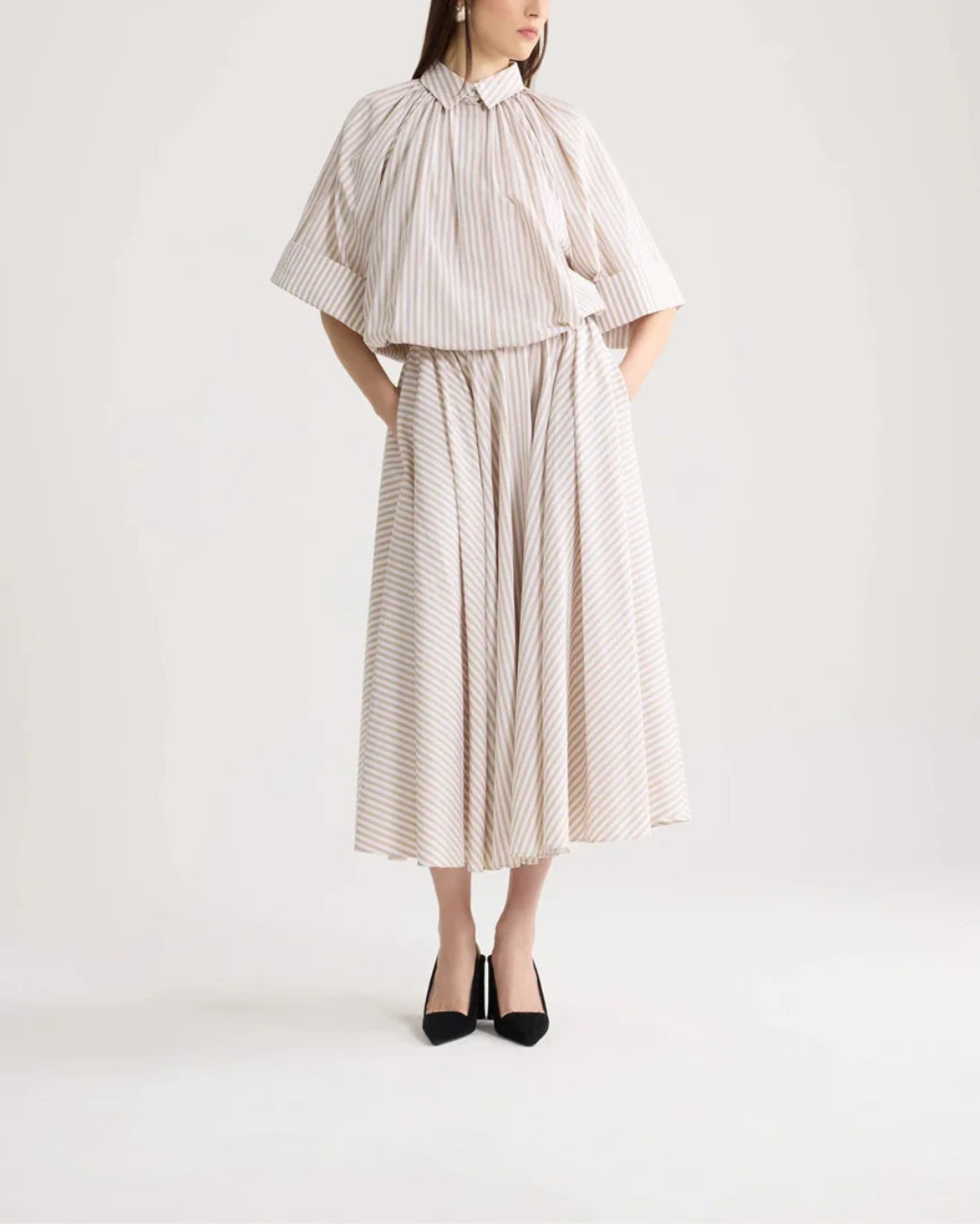 PATOU Organic Cotton Voluminous Short-Sleeved Striped Blouse on figure front