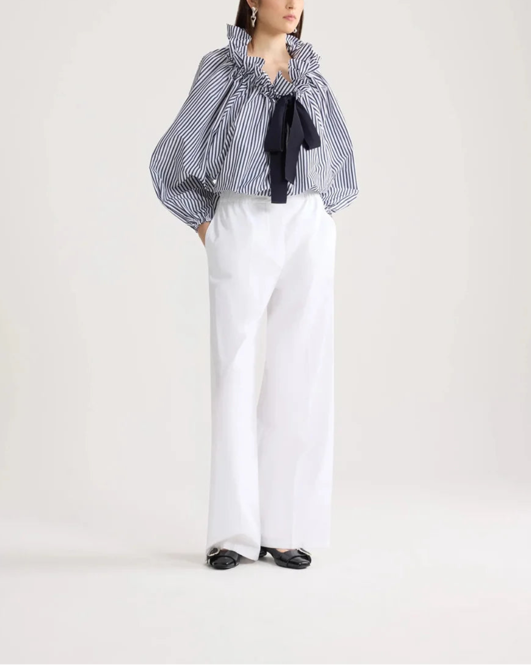 PATOU Recycled Faille Long Sleeve Crop Top offshore stripes on figure front