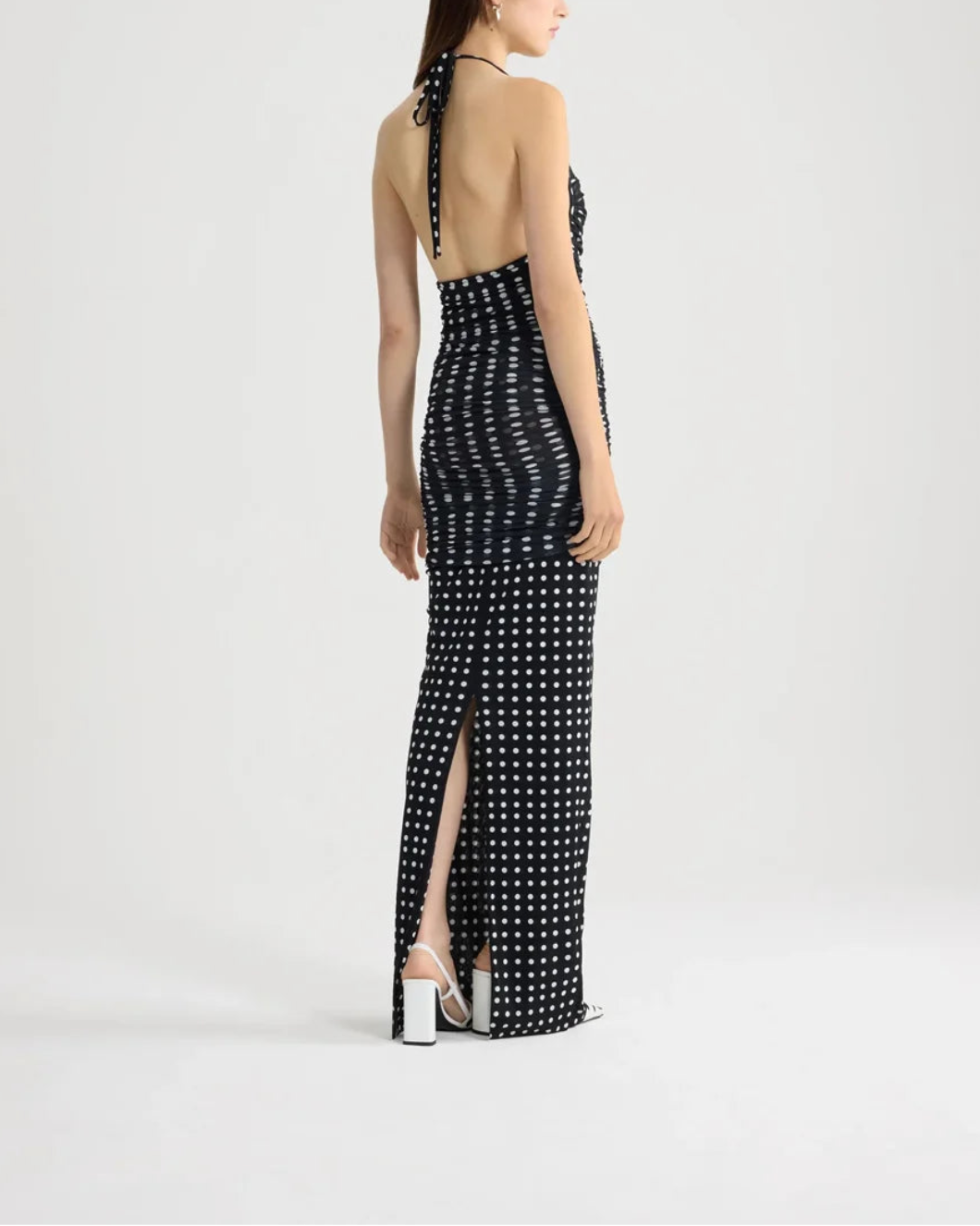 PATOU Recycled Nylon Long Draped Dress Night Blue Polka Dots on figure back