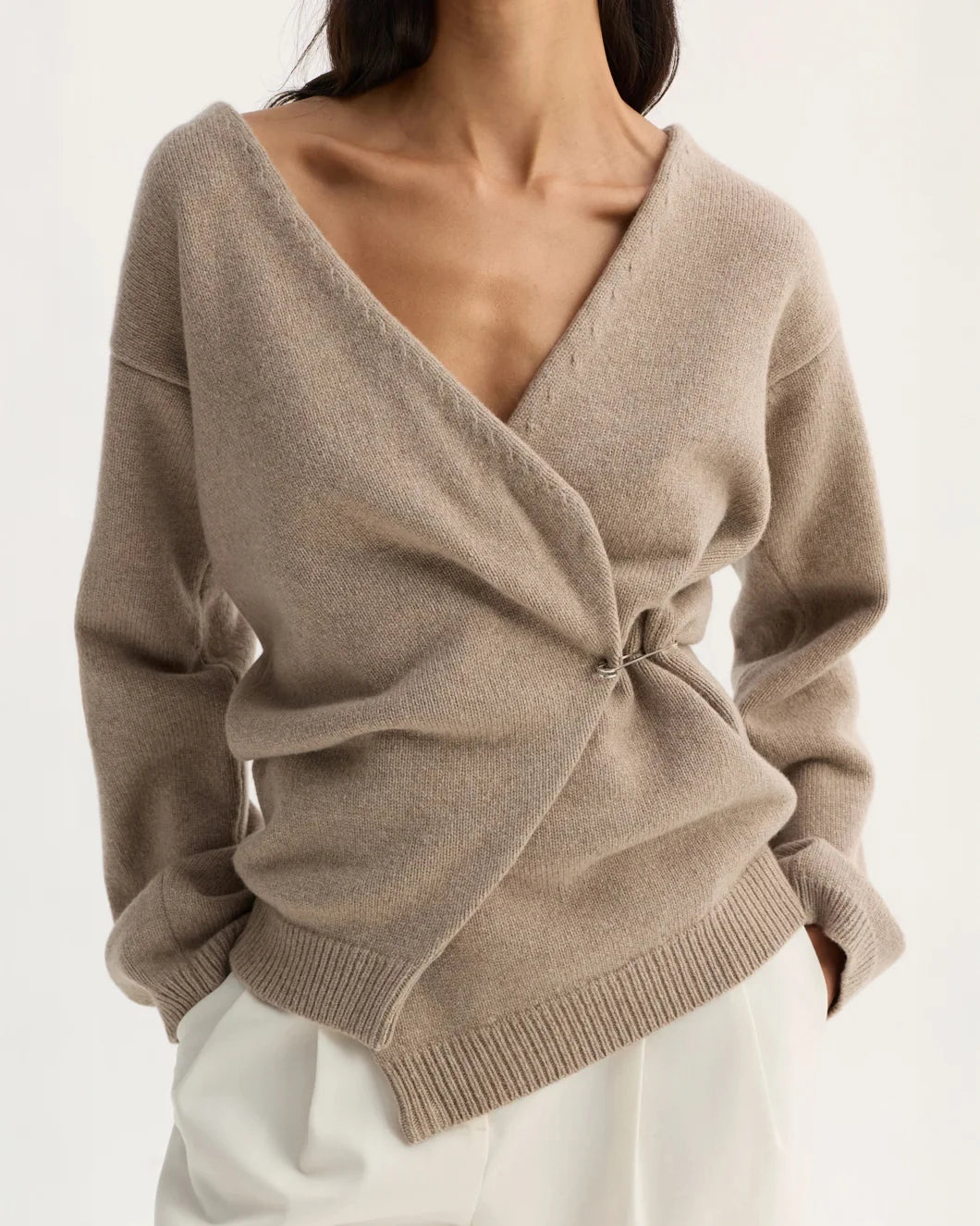 ROHE off shoulder wrap cardigan taupe on figure front