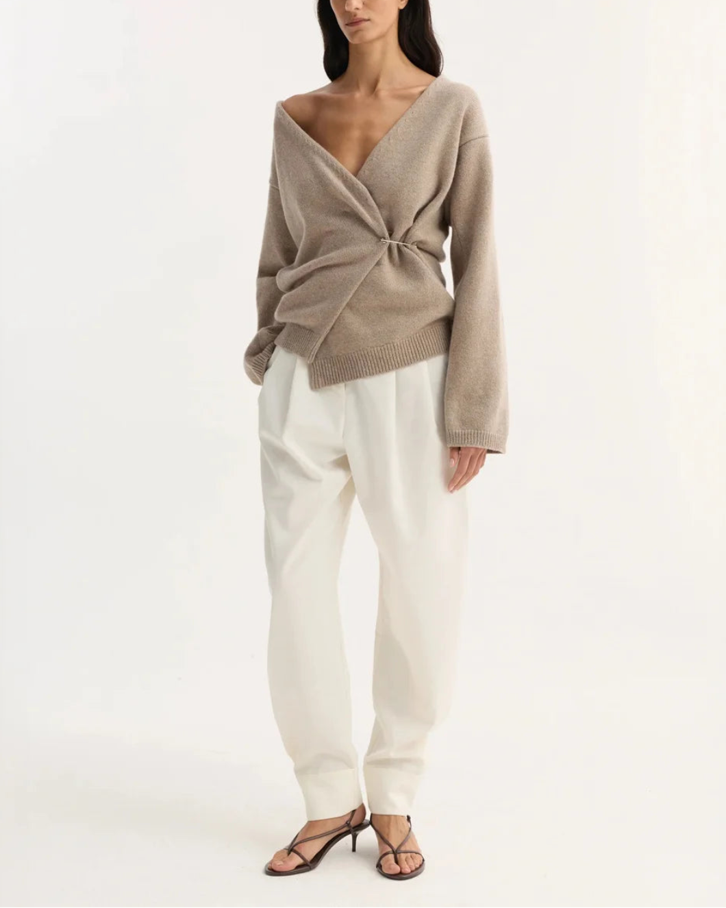 ROHE off shoulder wrap cardigan taupe on figure front