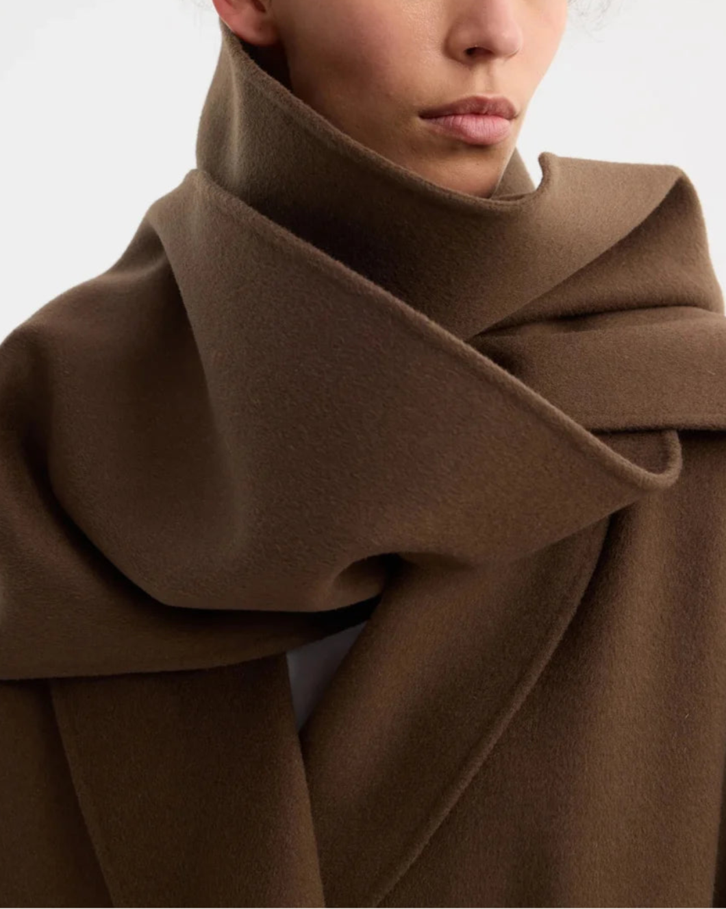 ROHE signatured double faced scarf coat taupe on figure front detail