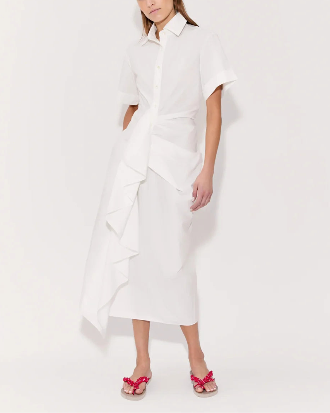 ROSIE ASSOULIN gathered ruffle shirt dress white on figure front 