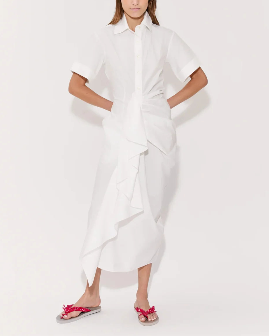 ROSIE ASSOULIN gathered ruffle shirt dress white on figure front