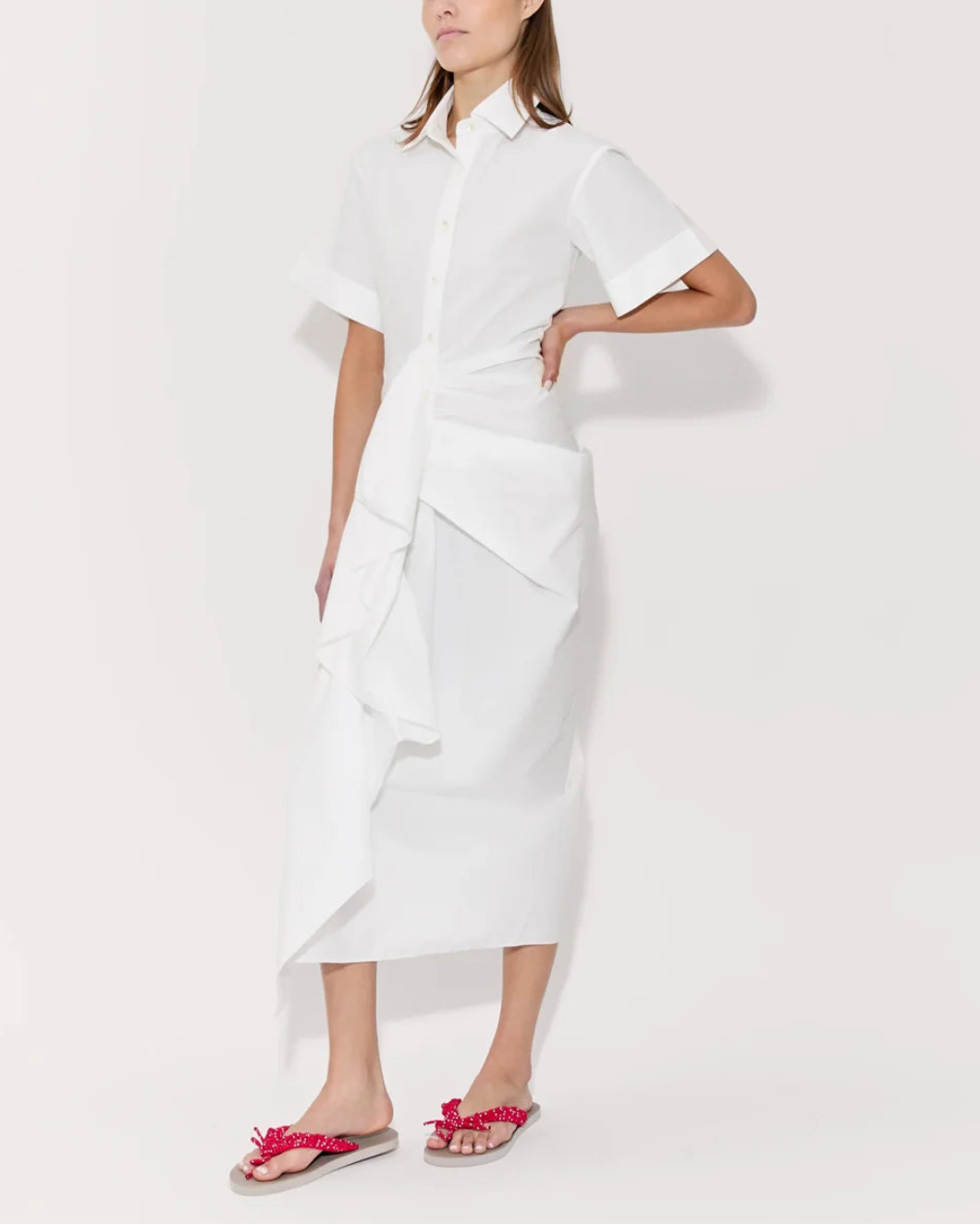ROSIE ASSOULIN gathered ruffle shirt dress white on figure side