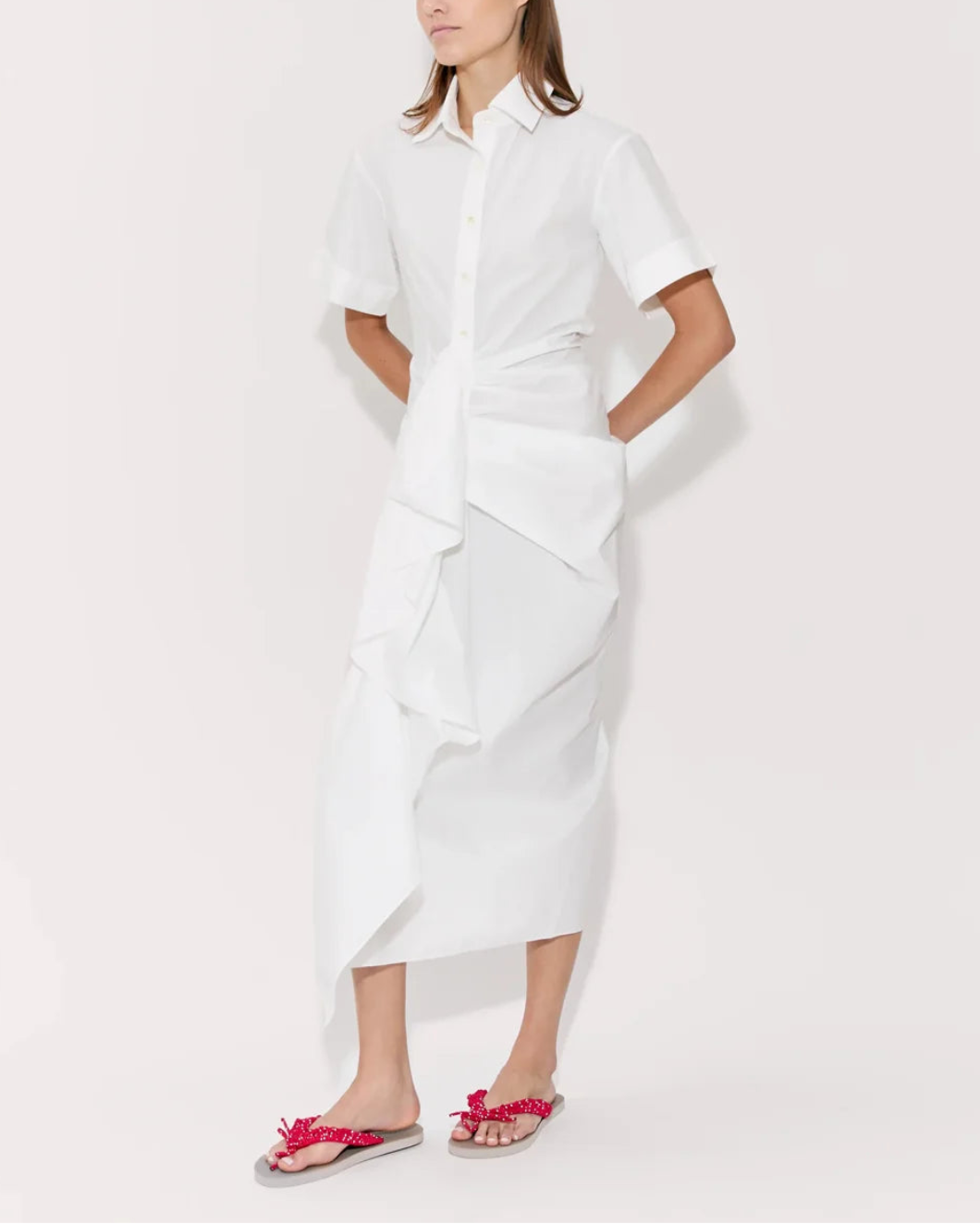 ROSIE ASSOULIN gathered ruffle shirt dress white on figure side