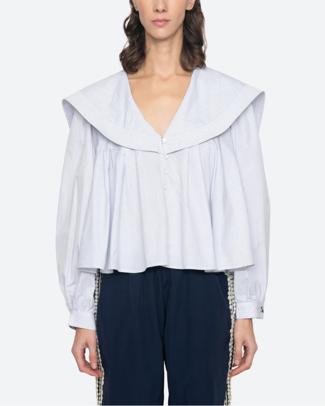 SEA NY Odessa top blue /white striped on figure front