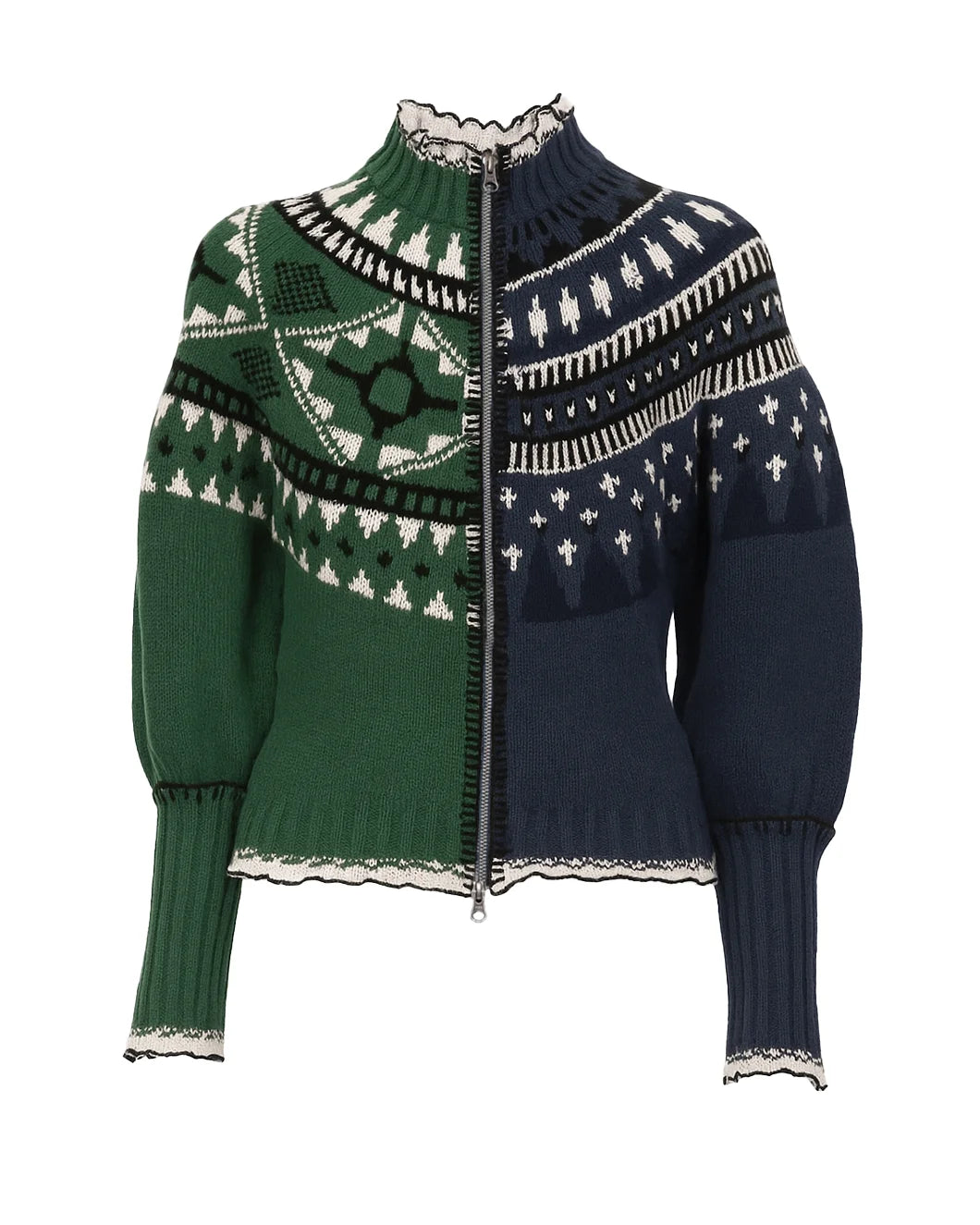 SEA NY Linea Fair Isle Zip Front Cardigan Green and Blue front isolated